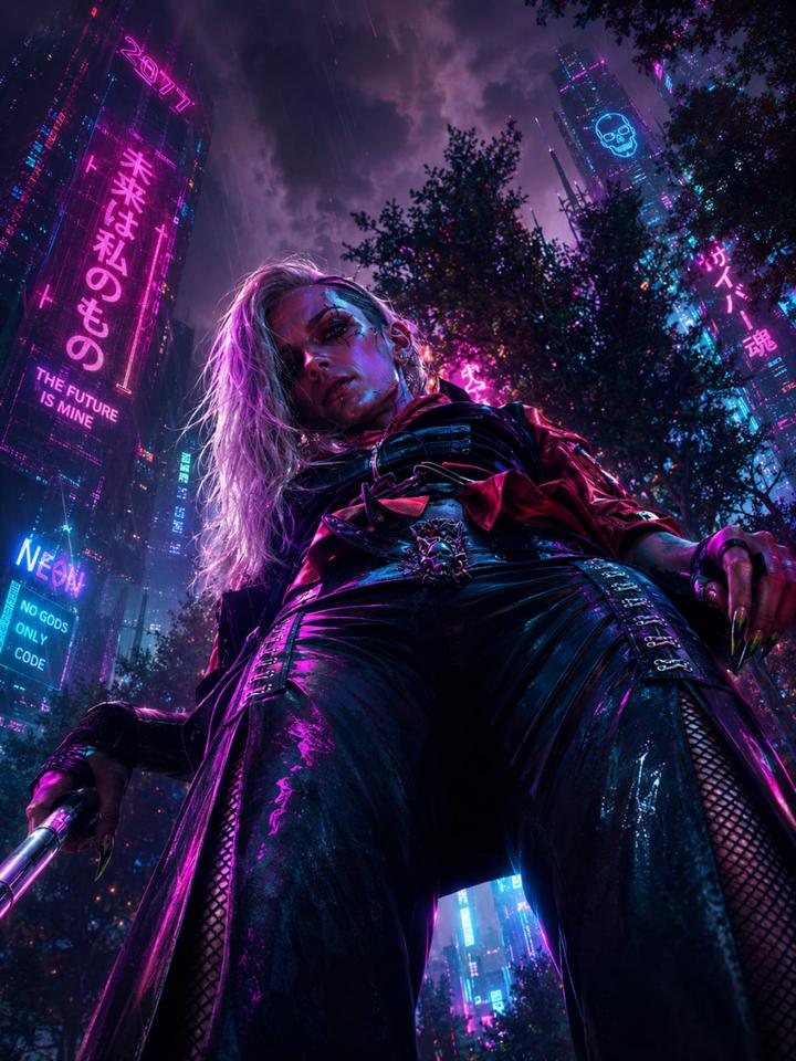 The same person, restyled in neon city light